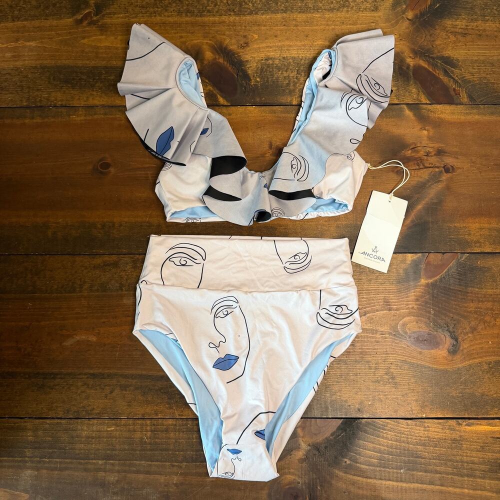 Ancora The Blue Kissed Bolero 2 Piece White Blue High Waist Bikini Set SZ Small